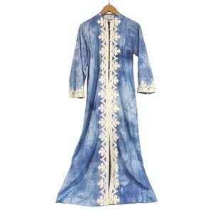 ♡ Boho ♡ Vintage Moroccan Gandoura Kaftan Blue Tie Dye w Embroidery Resort Maxi